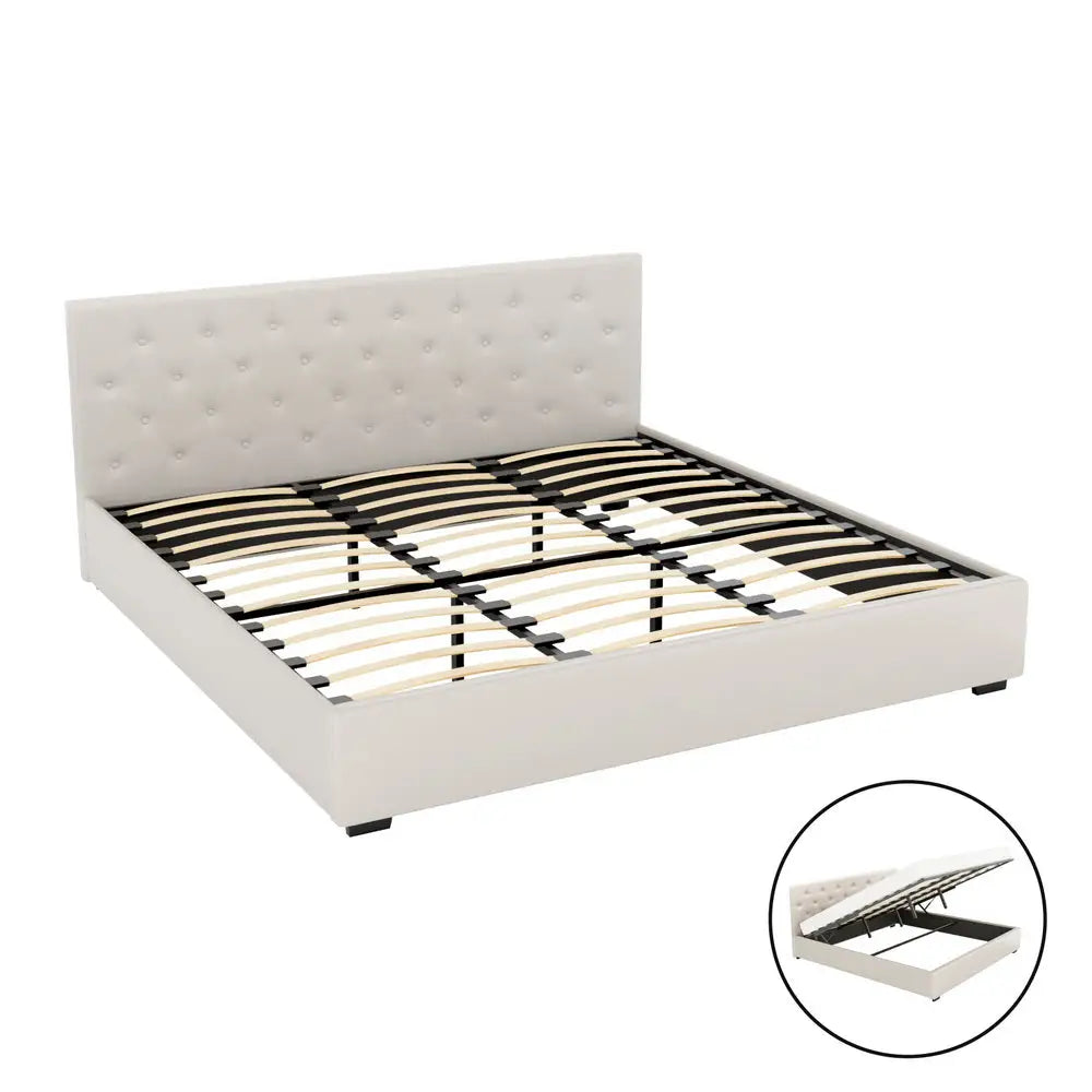 Artiss Bed Frame King Size Gas Lift Beige VILA - Furniture > Bedroom > Beds & Bed Frames