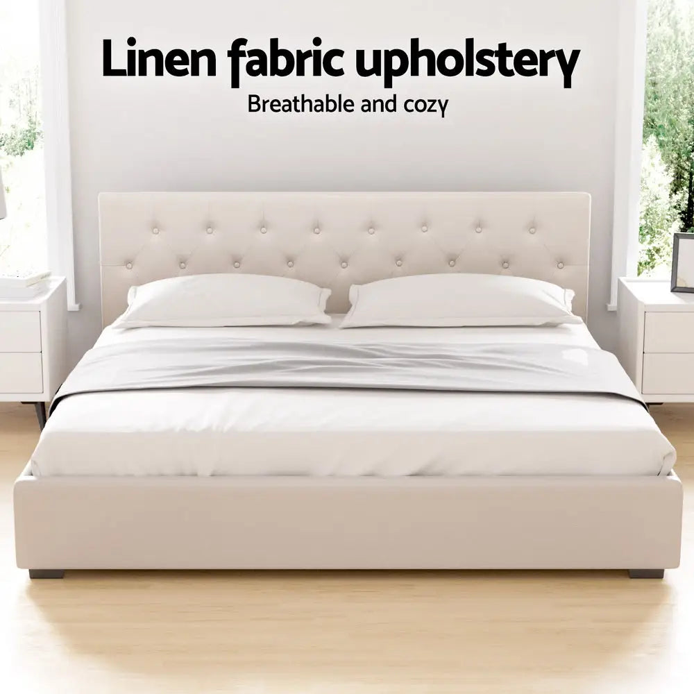 Artiss Bed Frame King Size Gas Lift Beige VILA - Furniture > Bedroom > Beds & Bed Frames
