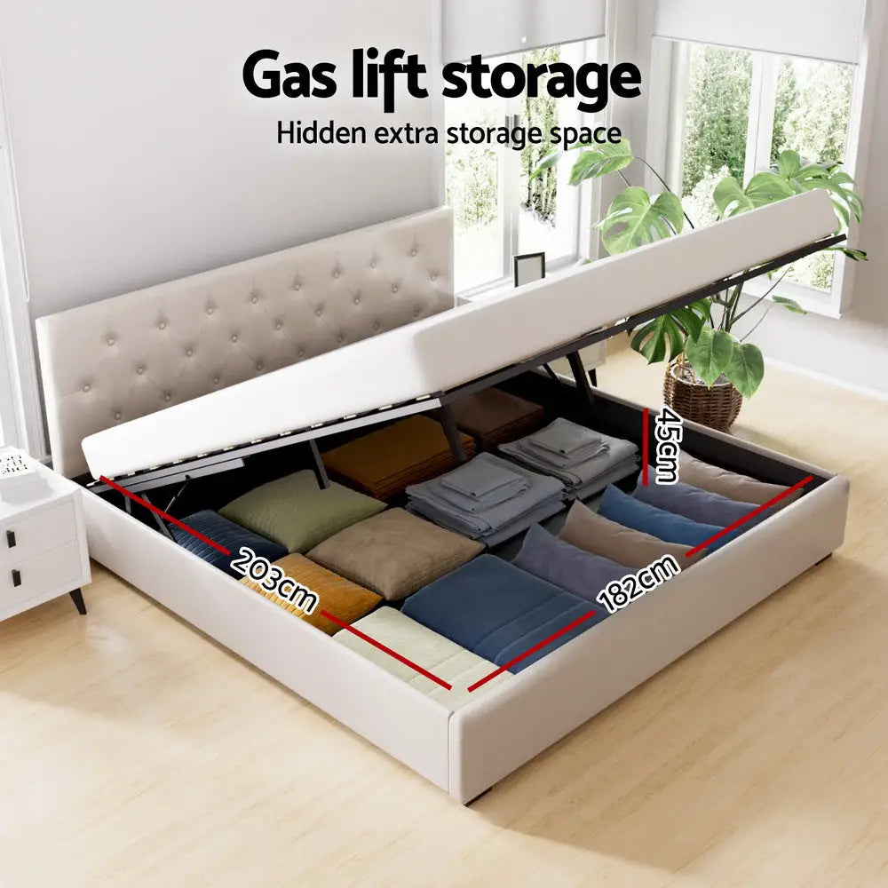 Artiss Bed Frame King Size Gas Lift Beige VILA - Furniture > Bedroom > Beds & Bed Frames