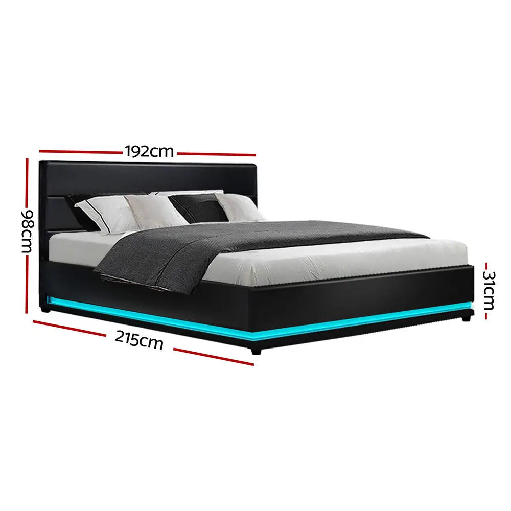 Artiss Bed Frame King Size LED Gas Lift Black LUMI - Furniture > Bedroom