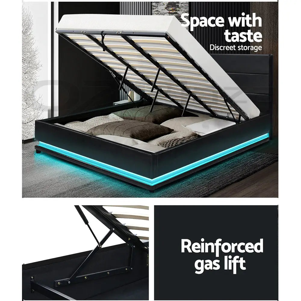 Artiss Bed Frame King Size LED Gas Lift Black LUMI - Furniture > Bedroom