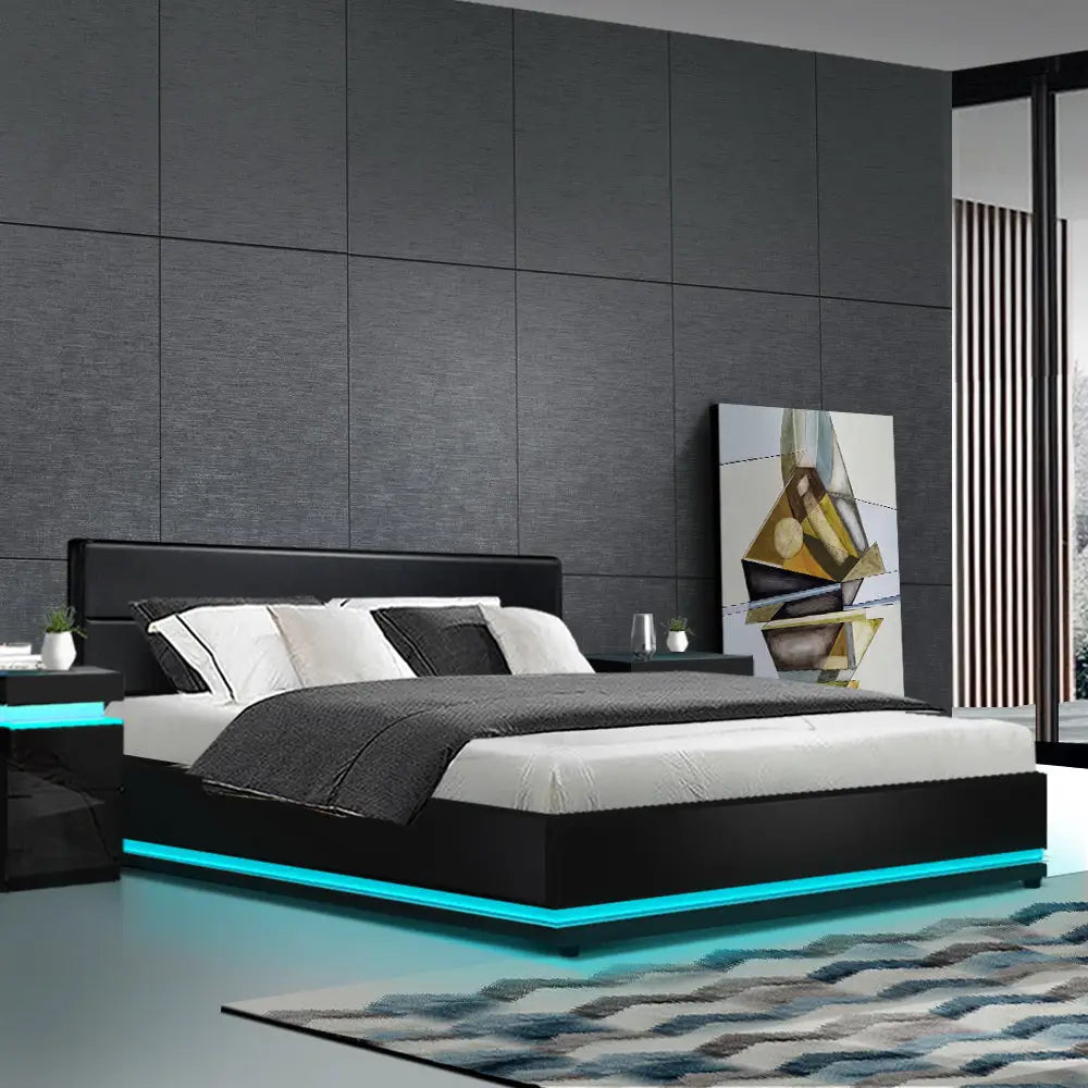 Artiss Bed Frame King Size LED Gas Lift Black LUMI - Furniture > Bedroom