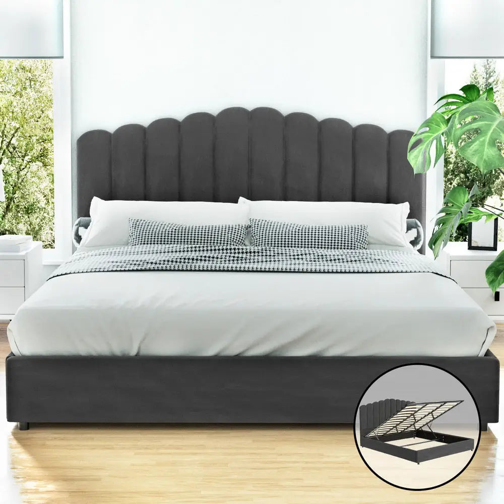 Artiss Bed Frame King Size Velvet Grey FION - Furniture > Bedroom > Beds & Bed Frames