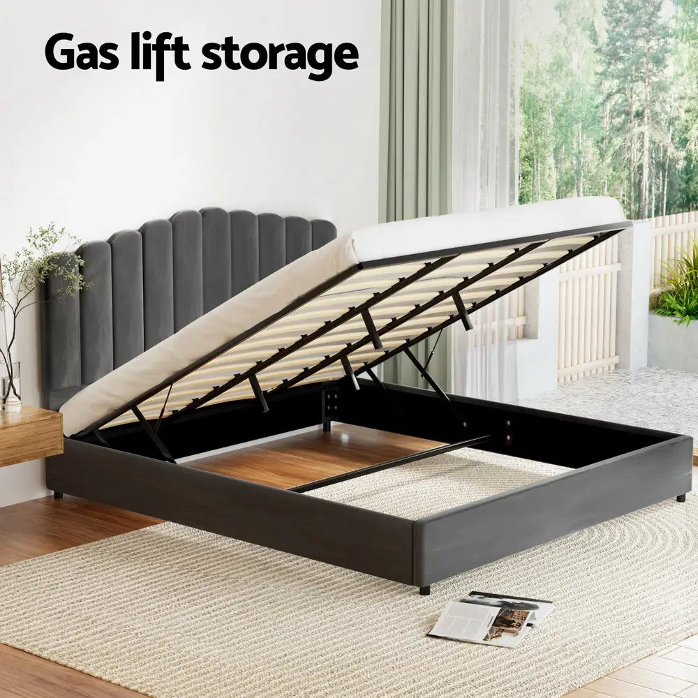 Artiss Bed Frame King Size Velvet Grey FION - Furniture > Bedroom > Beds & Bed Frames