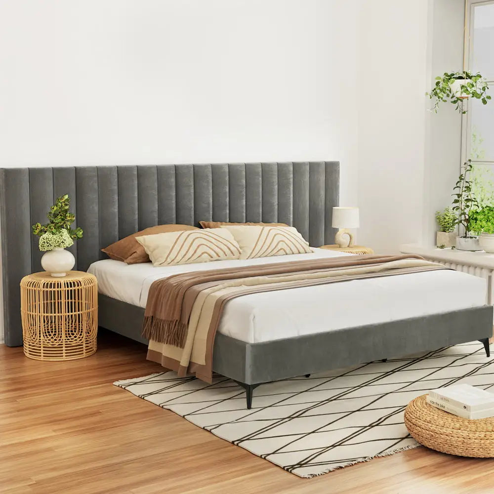 Artiss Bed Frame King Size Velvet Grey LOTT - Furniture > Bedroom > Beds & Bed Frames