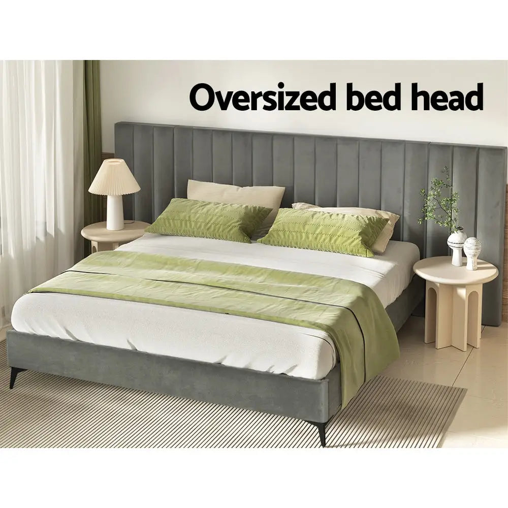 Artiss Bed Frame King Size Velvet Grey LOTT - Furniture > Bedroom > Beds & Bed Frames
