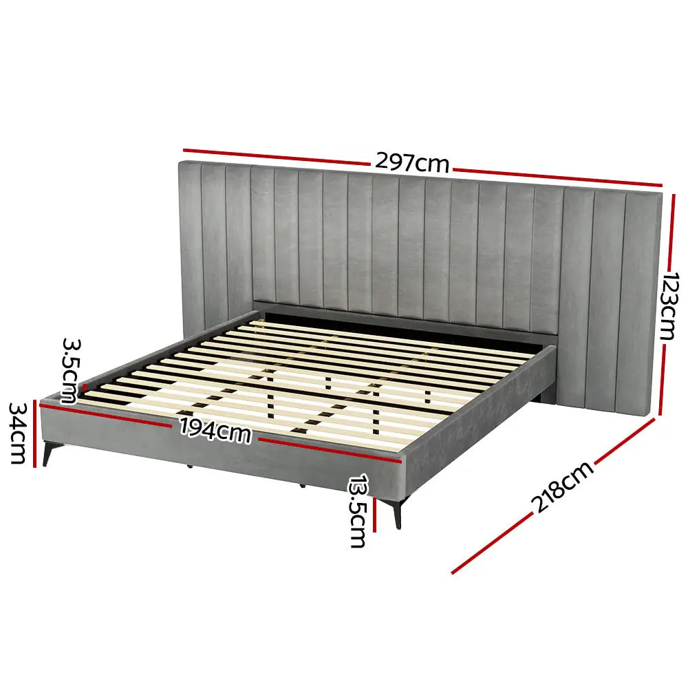 Artiss Bed Frame King Size Velvet Grey LOTT - Furniture > Bedroom > Beds & Bed Frames