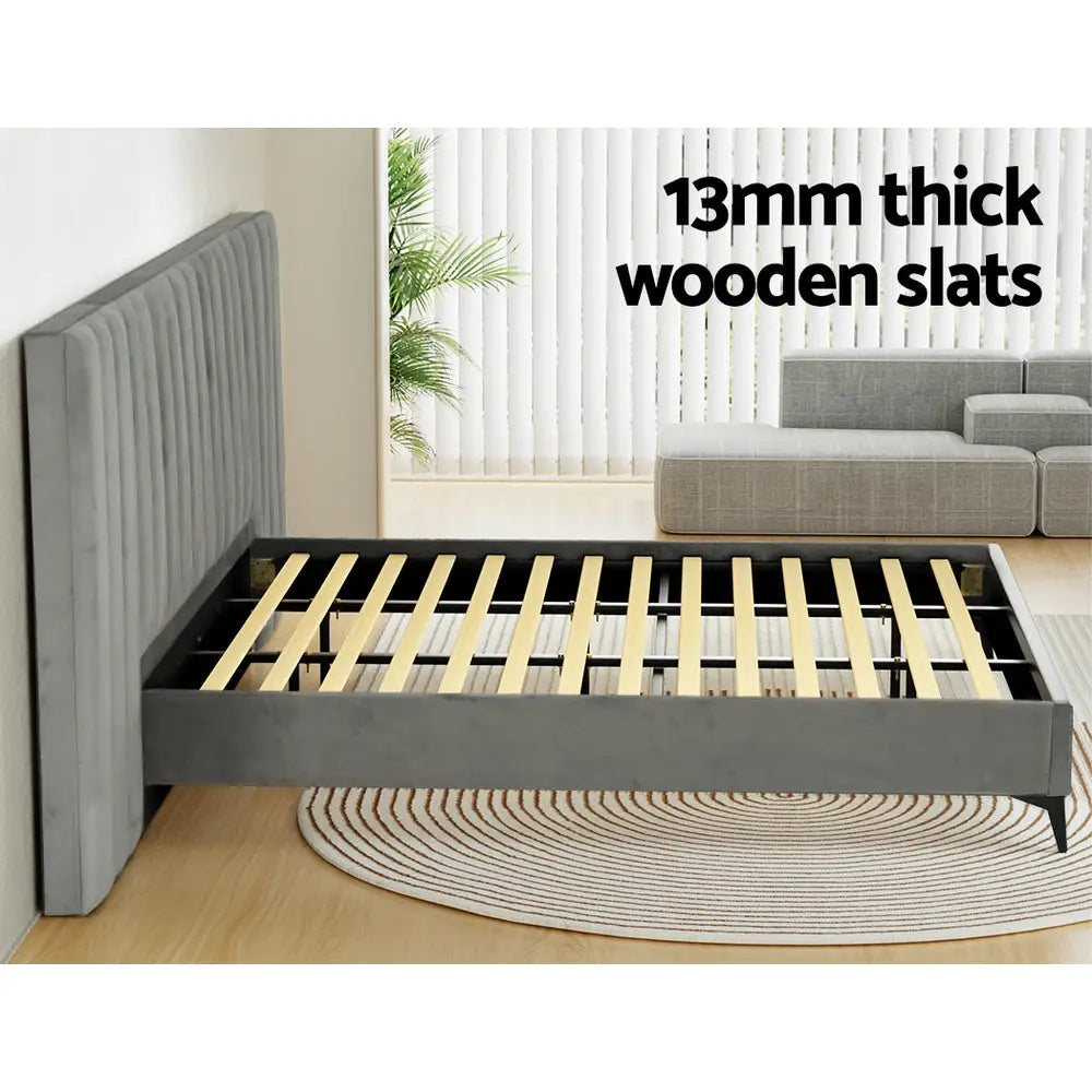 Artiss Bed Frame King Size Velvet Grey LOTT - Furniture > Bedroom > Beds & Bed Frames