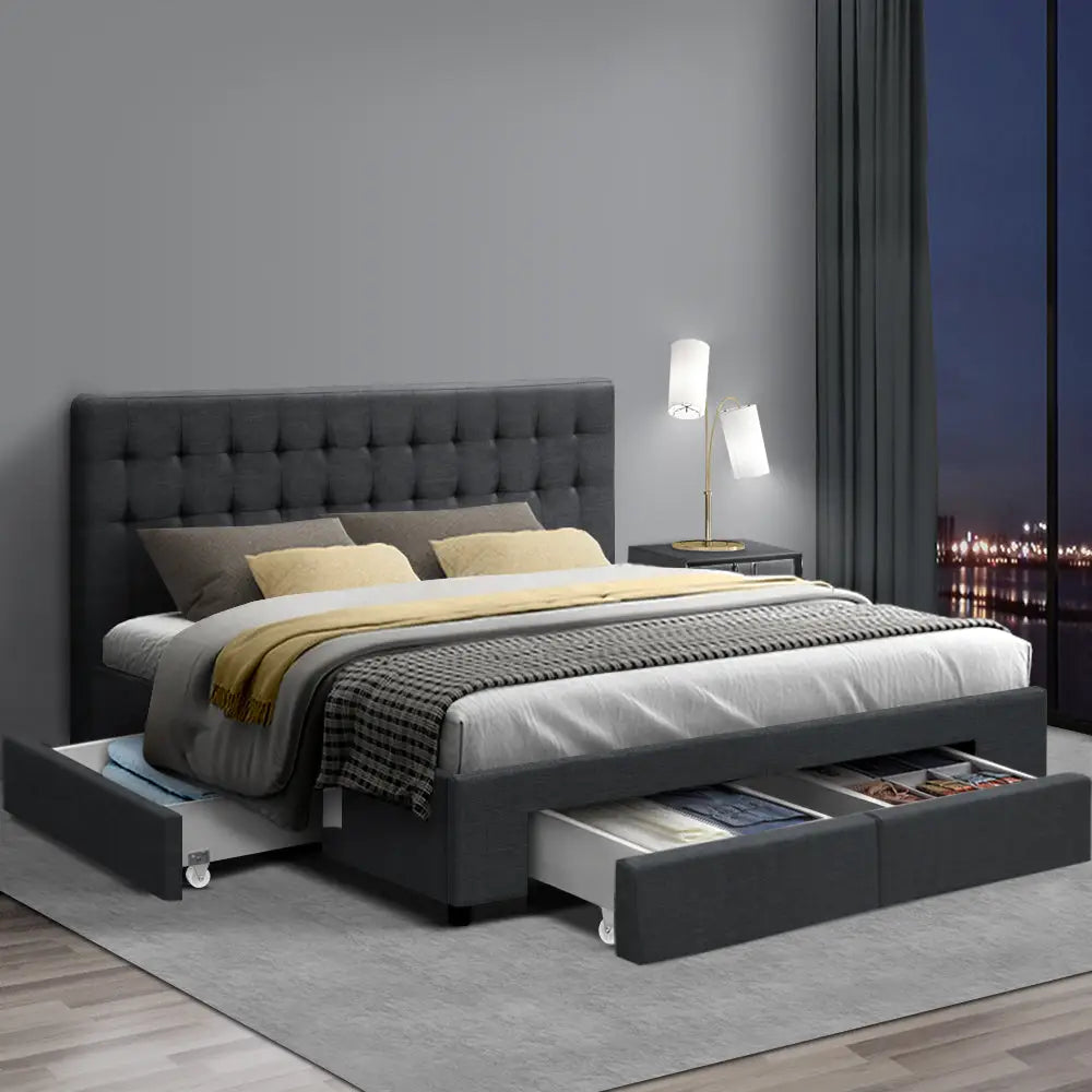 Artiss Bed Frame King Size with 4 Drawers Charcoal AVIO - Furniture > Bedroom