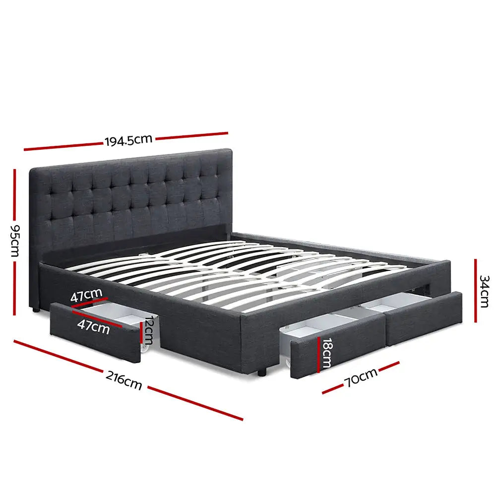 Artiss Bed Frame King Size with 4 Drawers Charcoal AVIO - Furniture > Bedroom