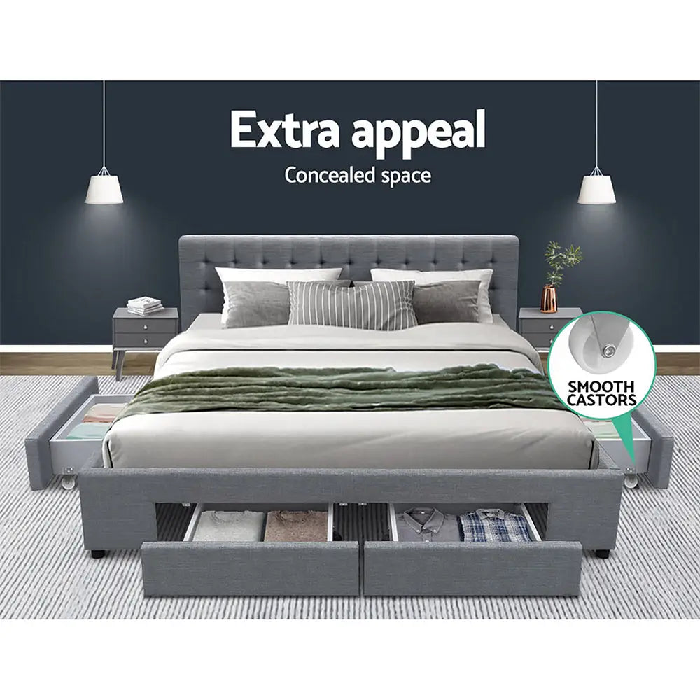 Artiss Bed Frame King Size with 4 Drawers Grey AVIO - Furniture > Bedroom