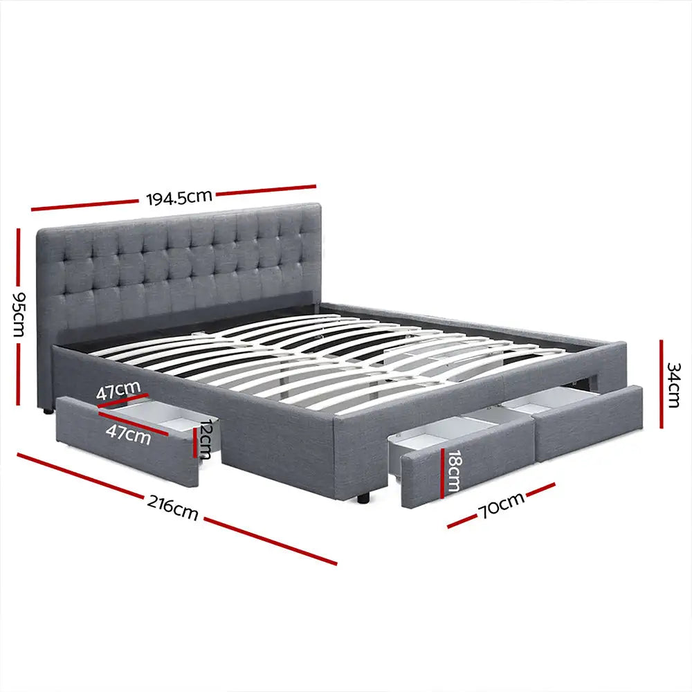 Artiss Bed Frame King Size with 4 Drawers Grey AVIO - Furniture > Bedroom