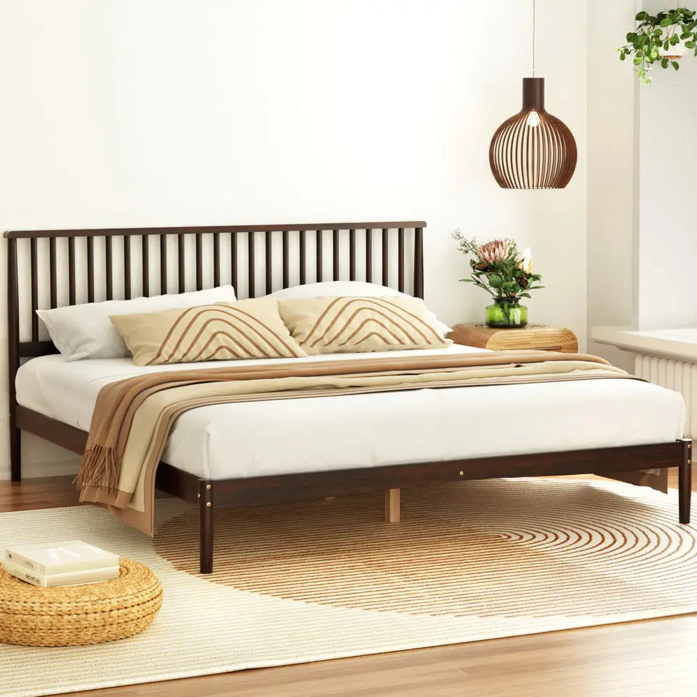 Artiss Bed Frame King Size Wooden Base Mattress Platform Timber Walnut VISE - Furniture > Bedroom