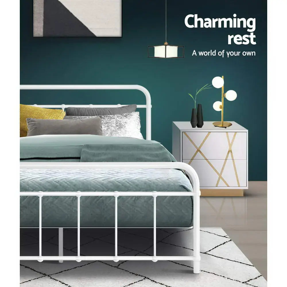 Artiss Bed Frame Metal Frames LEO - Double (White) - Furniture > Bedroom