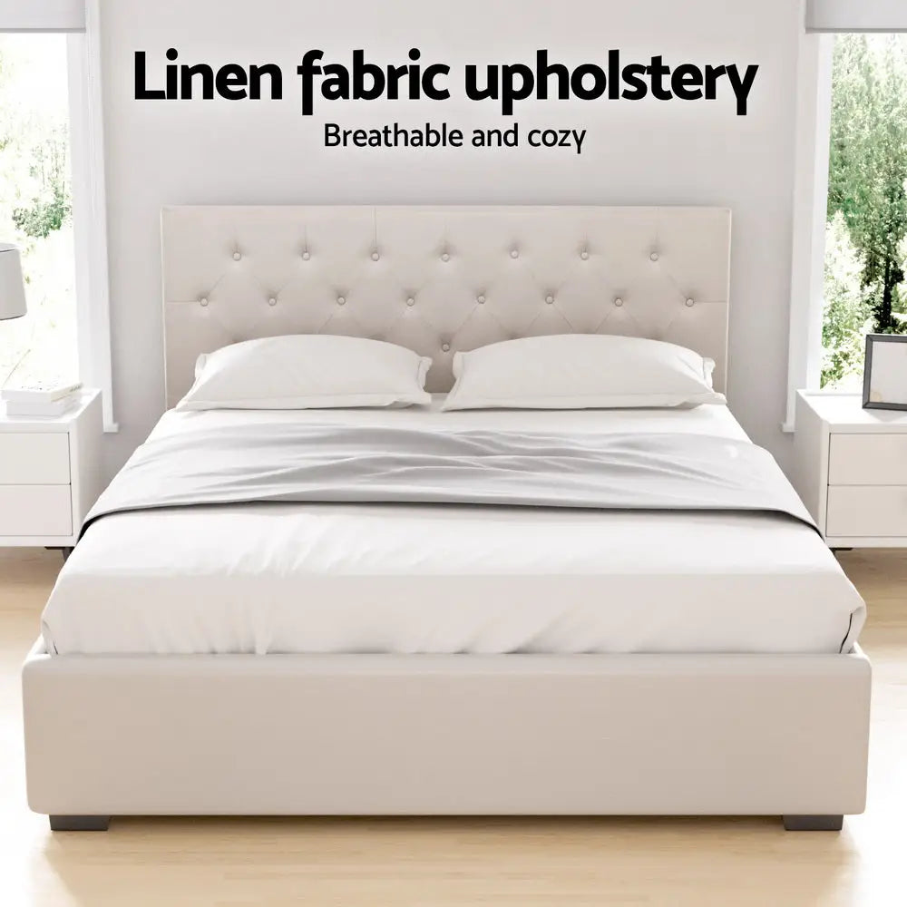 Artiss Bed Frame Queen Size Gas Lift Beige VILA - Furniture > Bedroom > Beds & Bed Frames