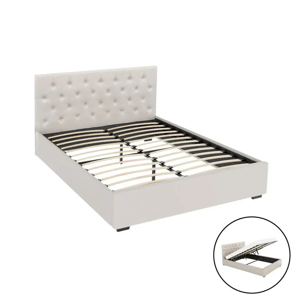 Artiss Bed Frame Queen Size Gas Lift Beige VILA - Furniture > Bedroom > Beds & Bed Frames
