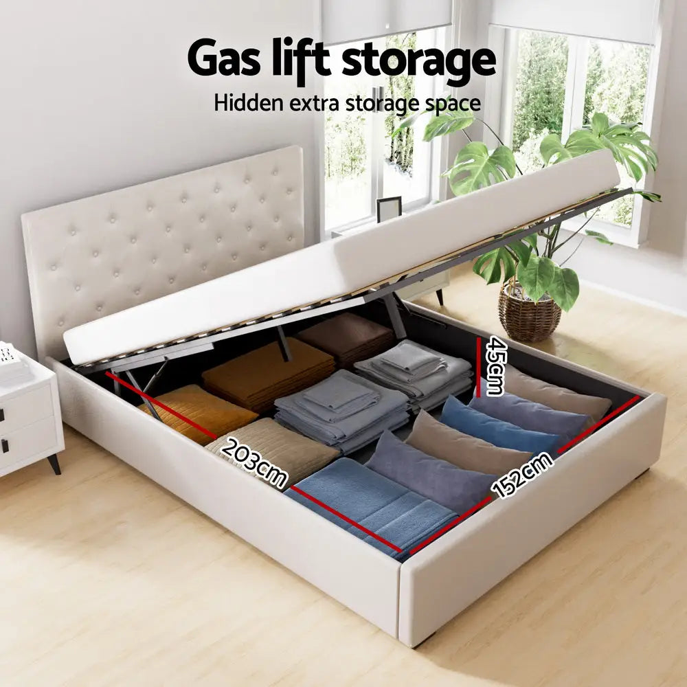 Artiss Bed Frame Queen Size Gas Lift Beige VILA - Furniture > Bedroom > Beds & Bed Frames