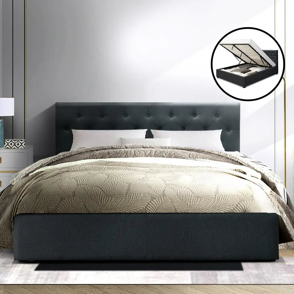 Artiss Bed Frame Queen Size Gas Lift Charcoal VILA - Furniture > Bedroom
