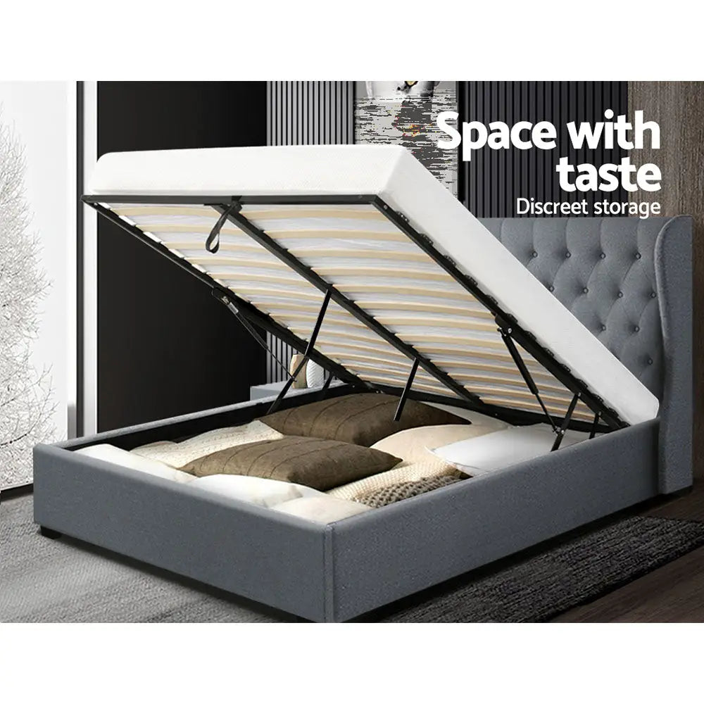 Artiss Bed Frame Queen Size Gas Lift Grey ISSA - Furniture > Bedroom