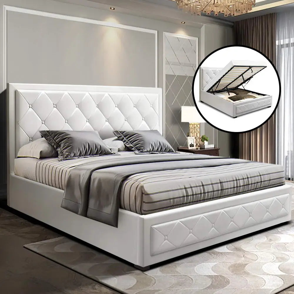 Artiss Bed Frame Queen Size Gas Lift White TIYO - Furniture > Bedroom