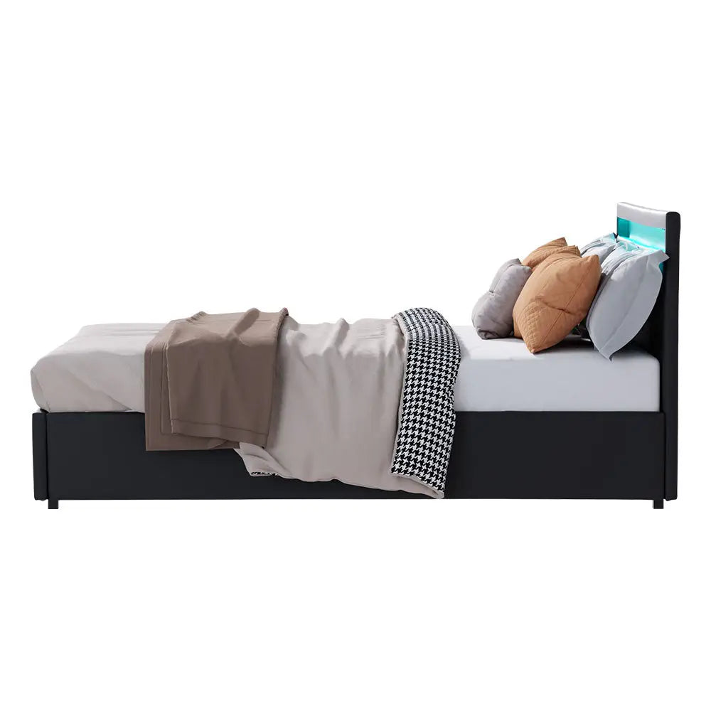 Artiss Bed Frame Queen Size LED Gas Lift Black COLE - Furniture > Bedroom