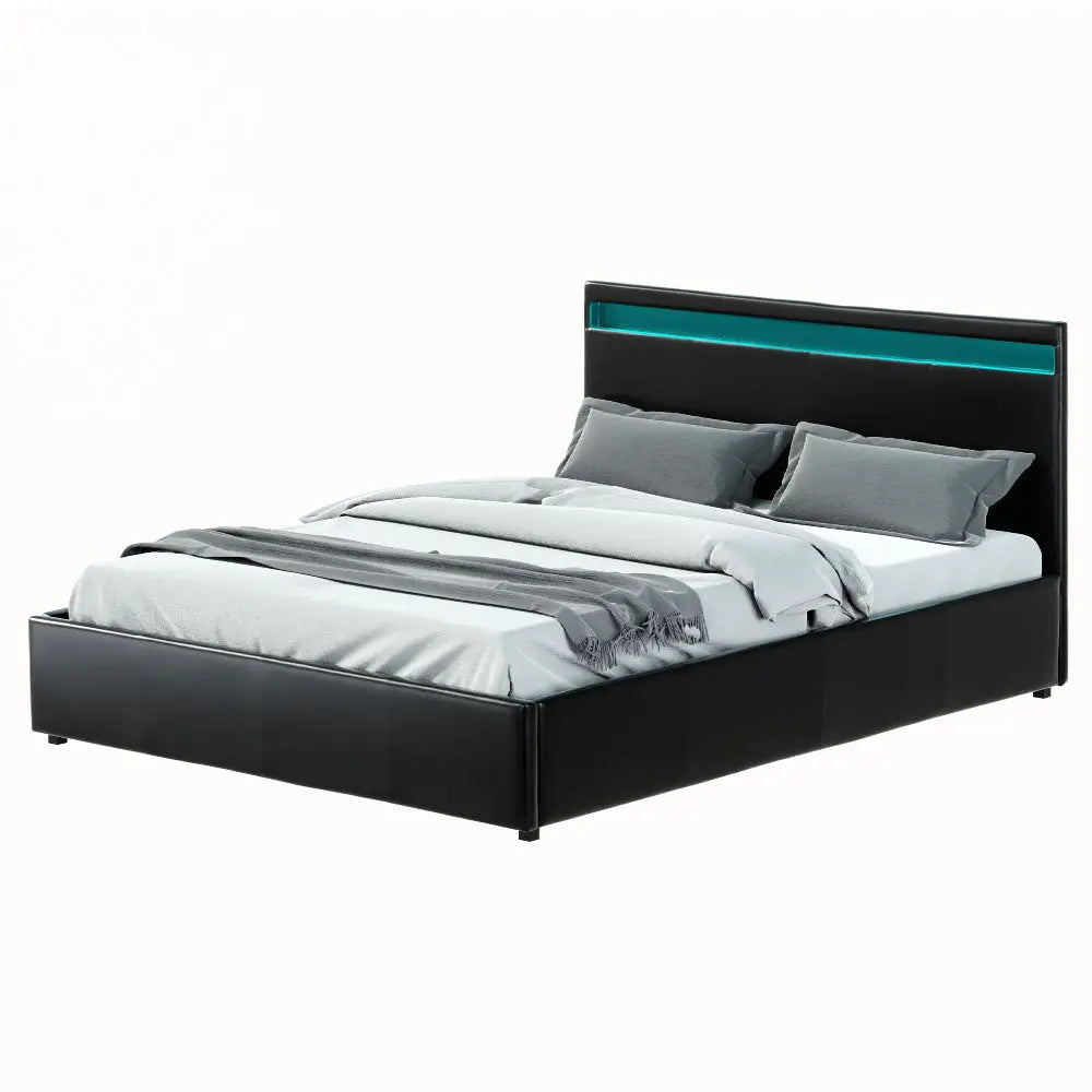 Artiss Bed Frame Queen Size LED Gas Lift Black COLE - Furniture > Bedroom