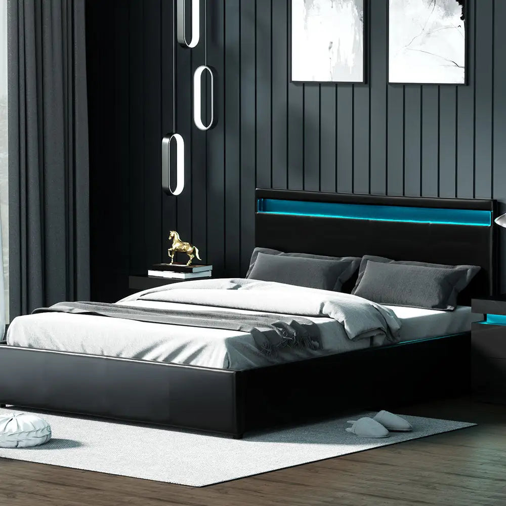 Artiss Bed Frame Queen Size LED Gas Lift Black COLE - Furniture > Bedroom