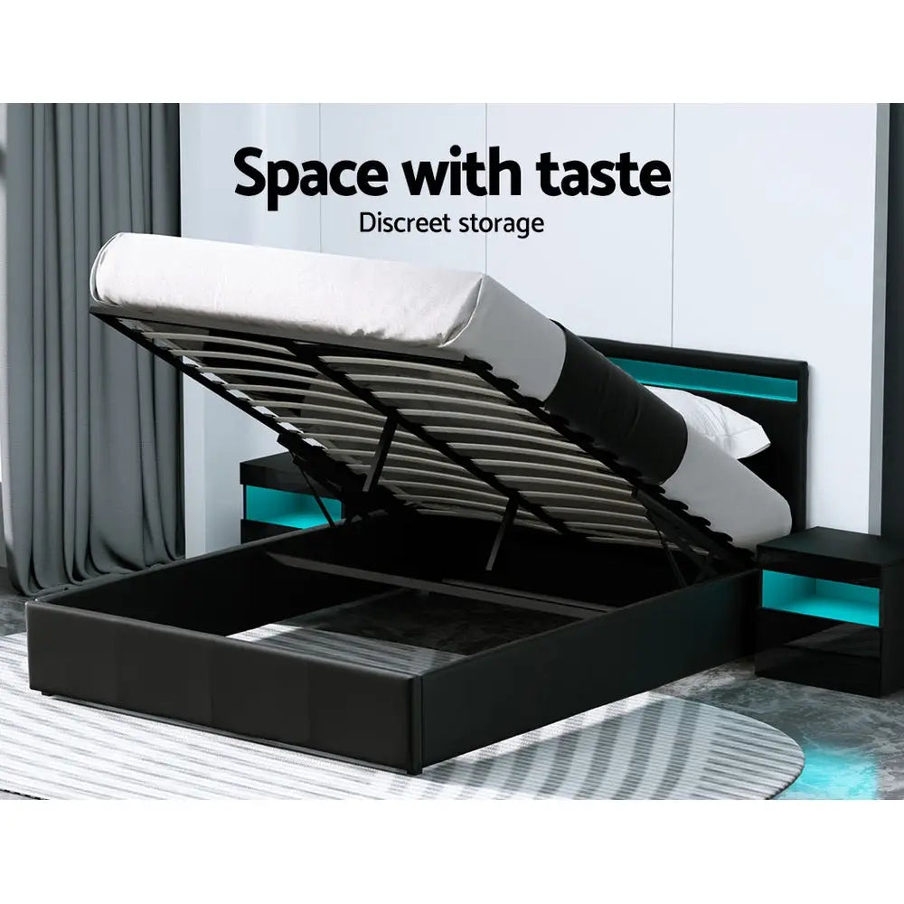 Artiss Bed Frame Queen Size LED Gas Lift Black COLE - Furniture > Bedroom
