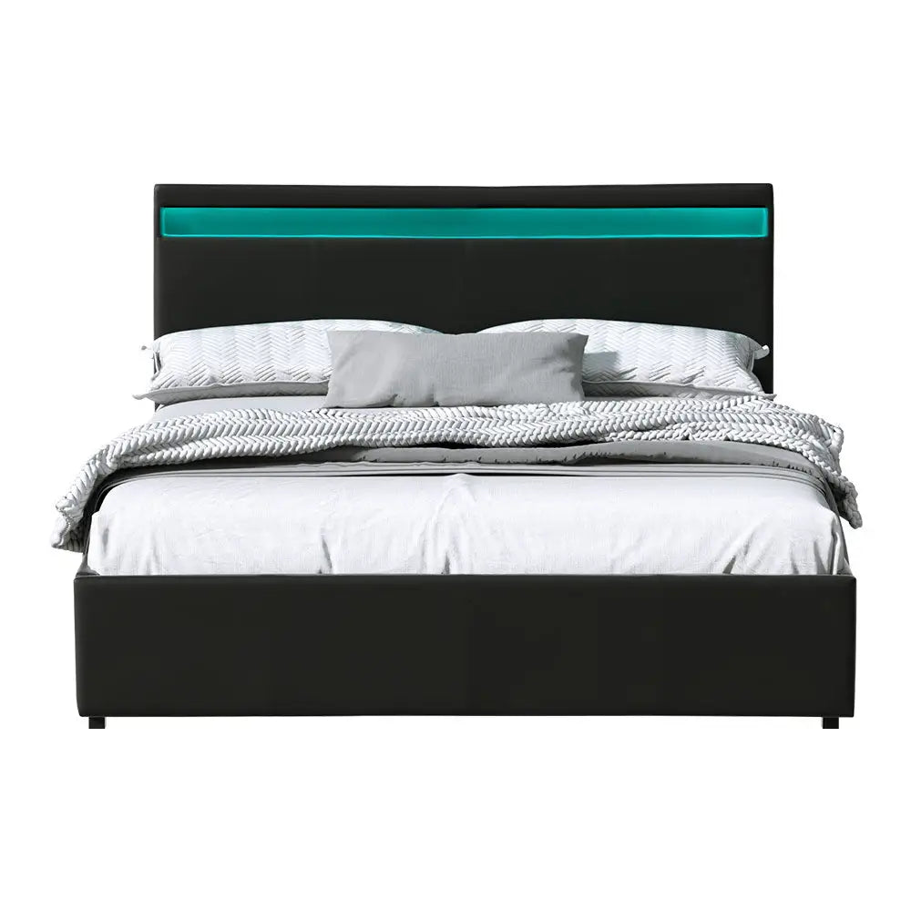 Artiss Bed Frame Queen Size LED Gas Lift Black COLE - Furniture > Bedroom