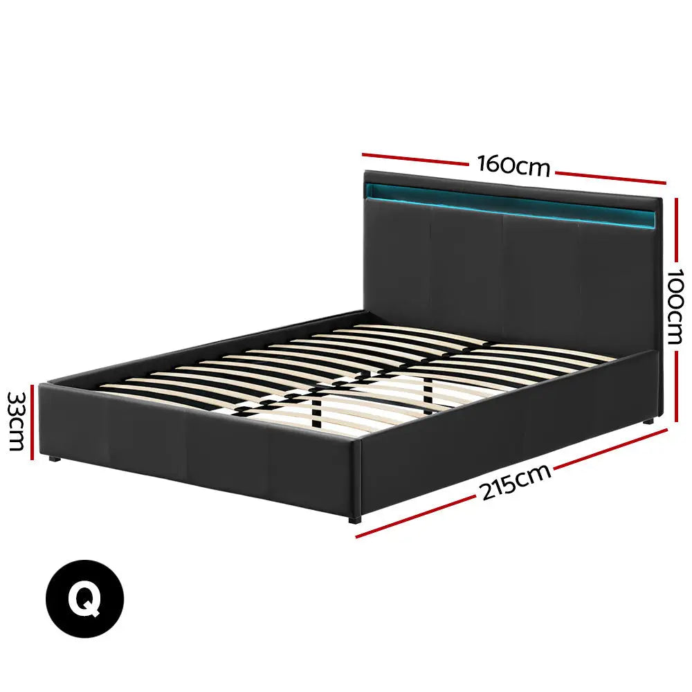Artiss Bed Frame Queen Size LED Gas Lift Black COLE - Furniture > Bedroom