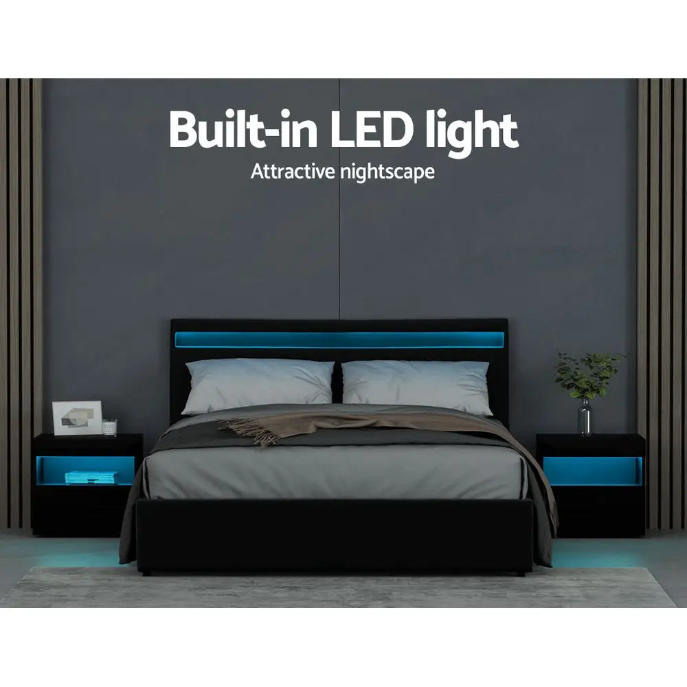 Artiss Bed Frame Queen Size LED Gas Lift Black COLE - Furniture > Bedroom
