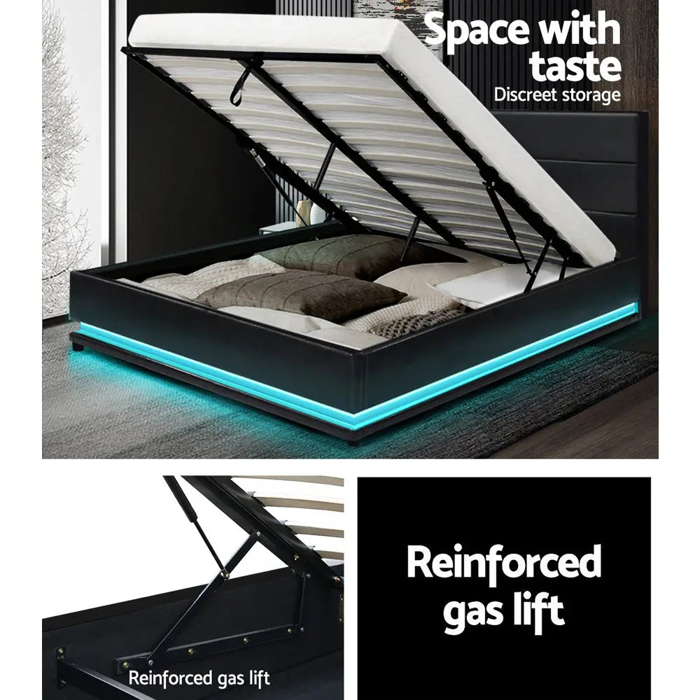 Artiss Bed Frame Queen Size LED Gas Lift Black LUMI - Furniture > Bedroom