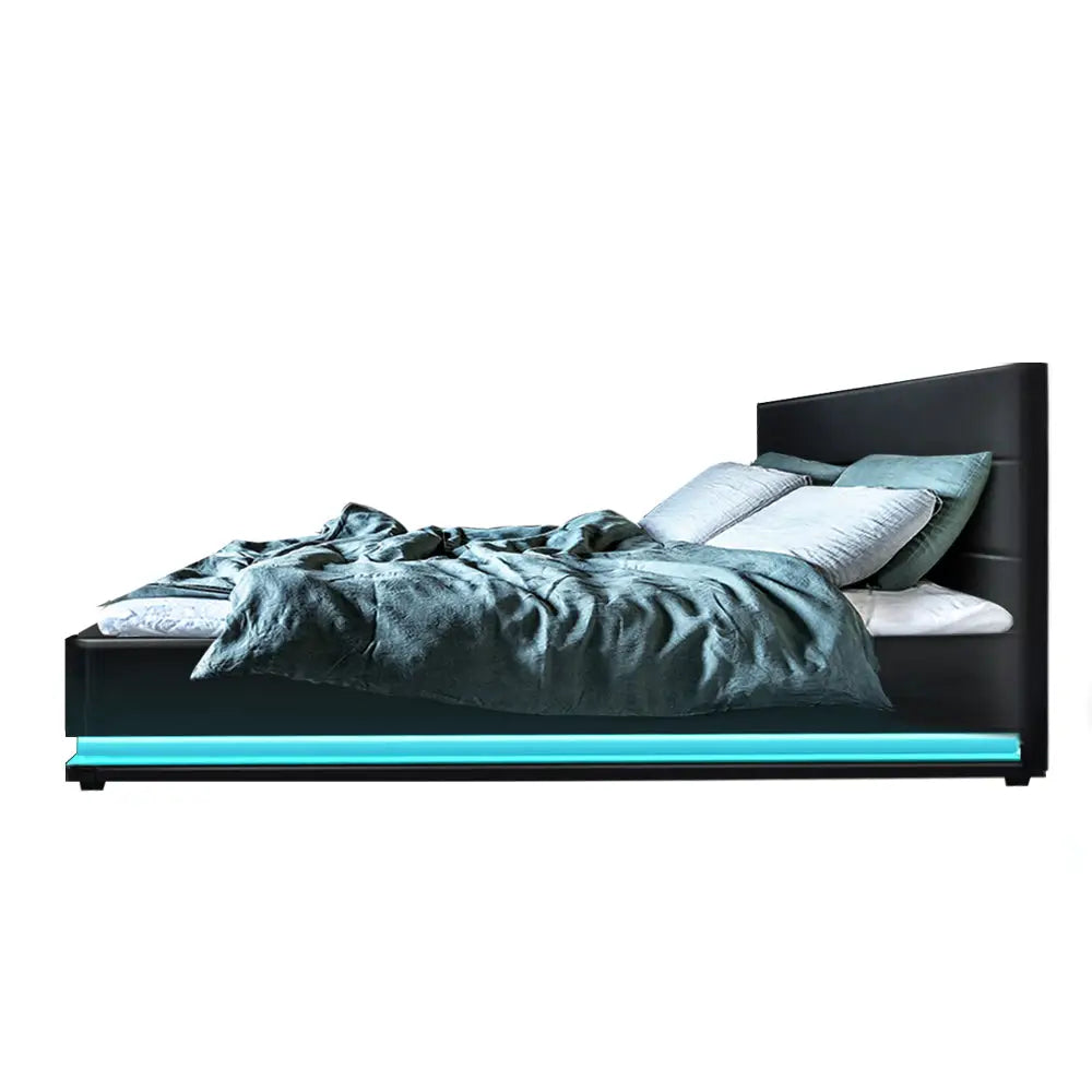 Artiss Bed Frame Queen Size LED Gas Lift Black LUMI - Furniture > Bedroom