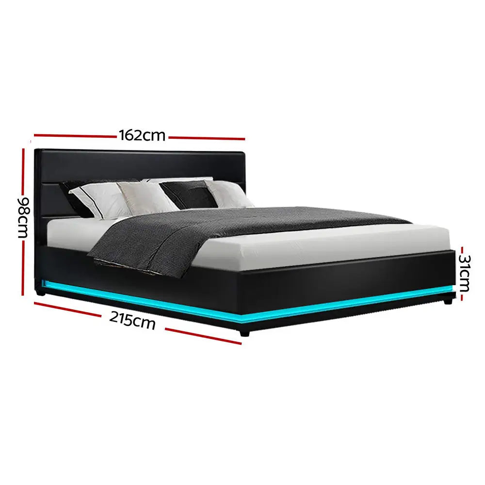 Artiss Bed Frame Queen Size LED Gas Lift Black LUMI - Furniture > Bedroom