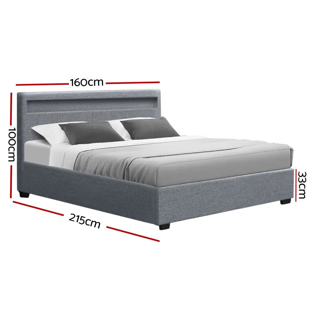 Artiss Bed Frame Queen Size LED Gas Lift Grey COLE - Furniture > Bedroom > Beds & Bed Frames