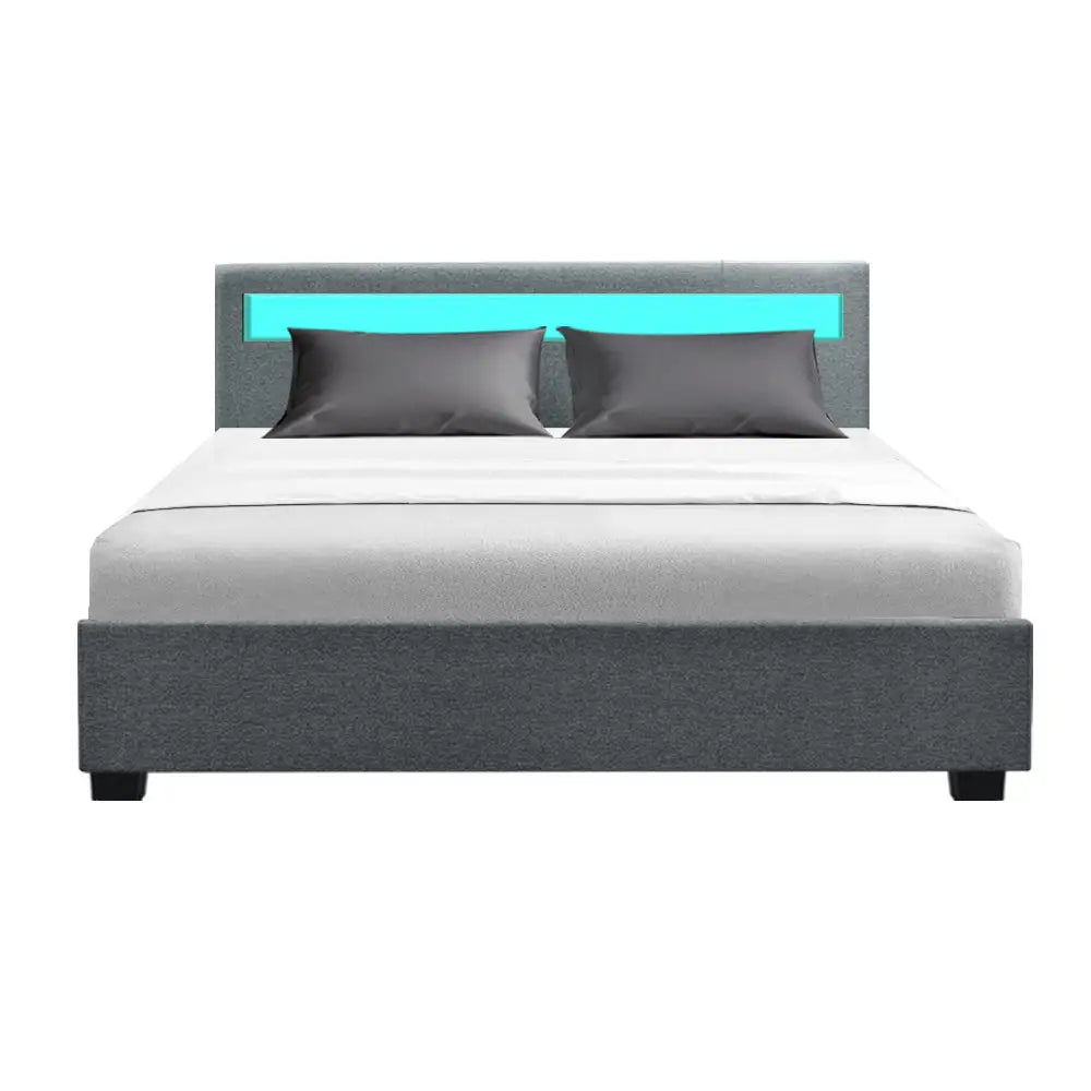 Artiss Bed Frame Queen Size LED Gas Lift Grey COLE - Furniture > Bedroom > Beds & Bed Frames
