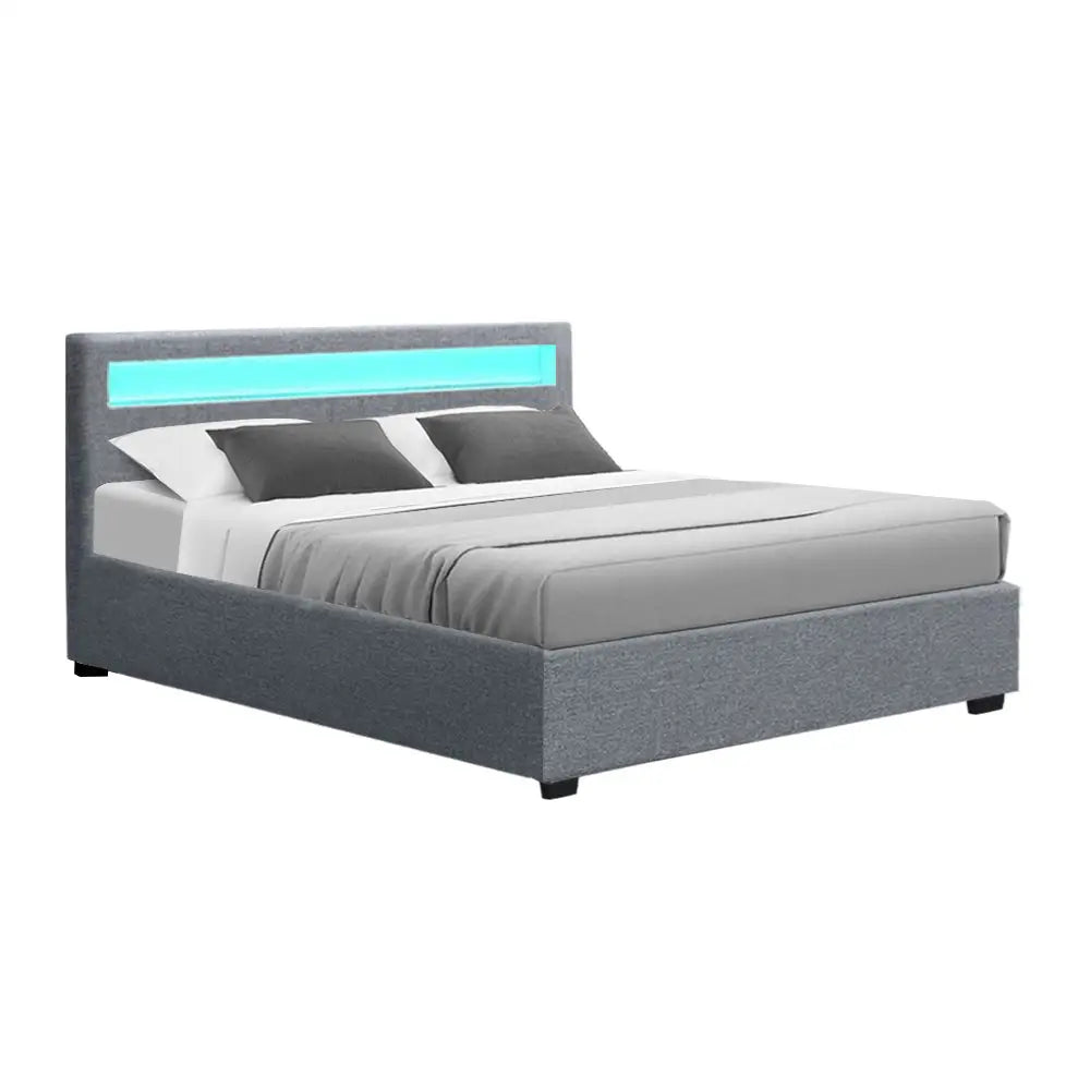Artiss Bed Frame Queen Size LED Gas Lift Grey COLE - Furniture > Bedroom > Beds & Bed Frames