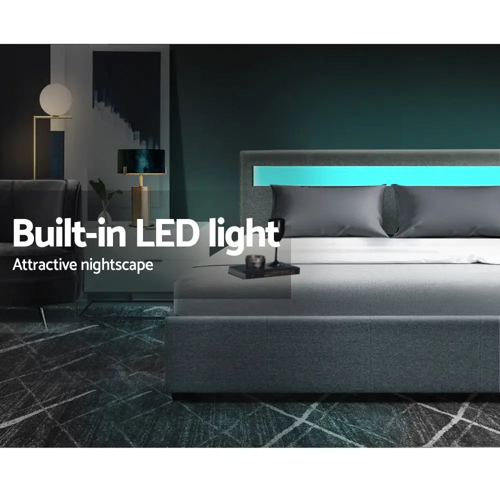 Artiss Bed Frame Queen Size LED Gas Lift Grey COLE - Furniture > Bedroom > Beds & Bed Frames