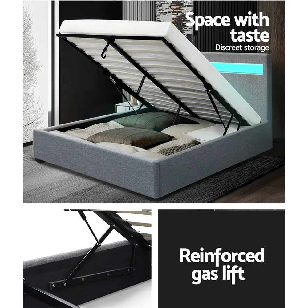 Artiss Bed Frame Queen Size LED Gas Lift Grey COLE - Furniture > Bedroom > Beds & Bed Frames