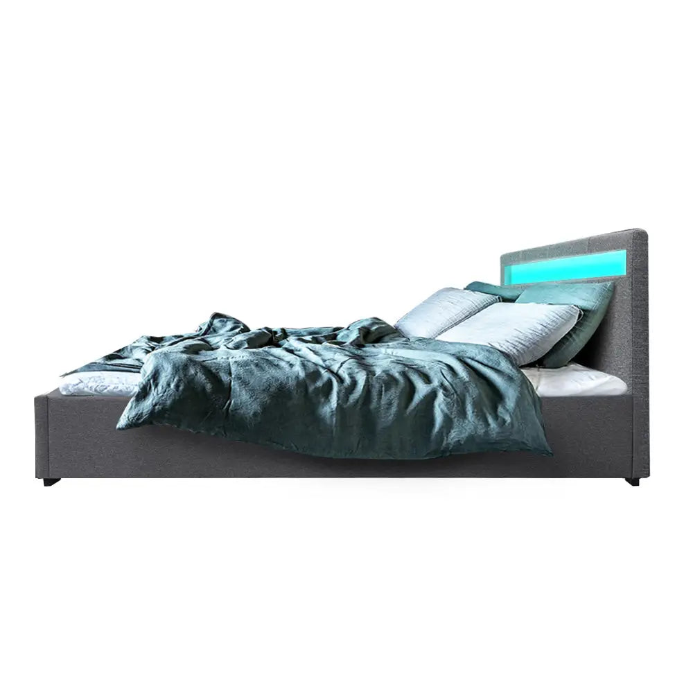 Artiss Bed Frame Queen Size LED Gas Lift Grey COLE - Furniture > Bedroom > Beds & Bed Frames