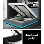 Artiss Bed Frame Queen Size LED Gas Lift Grey LUMI - Furniture > Bedroom