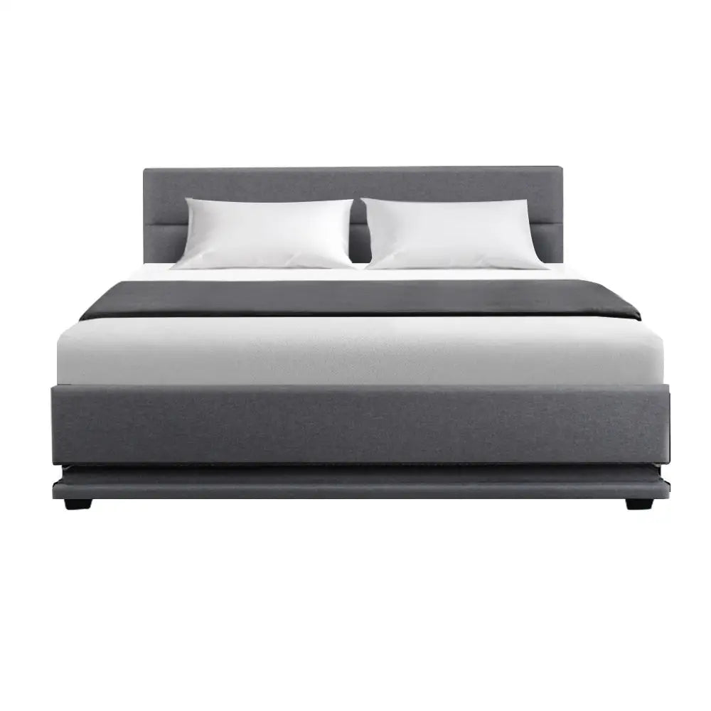 Artiss Bed Frame Queen Size LED Gas Lift Grey LUMI - Furniture > Bedroom