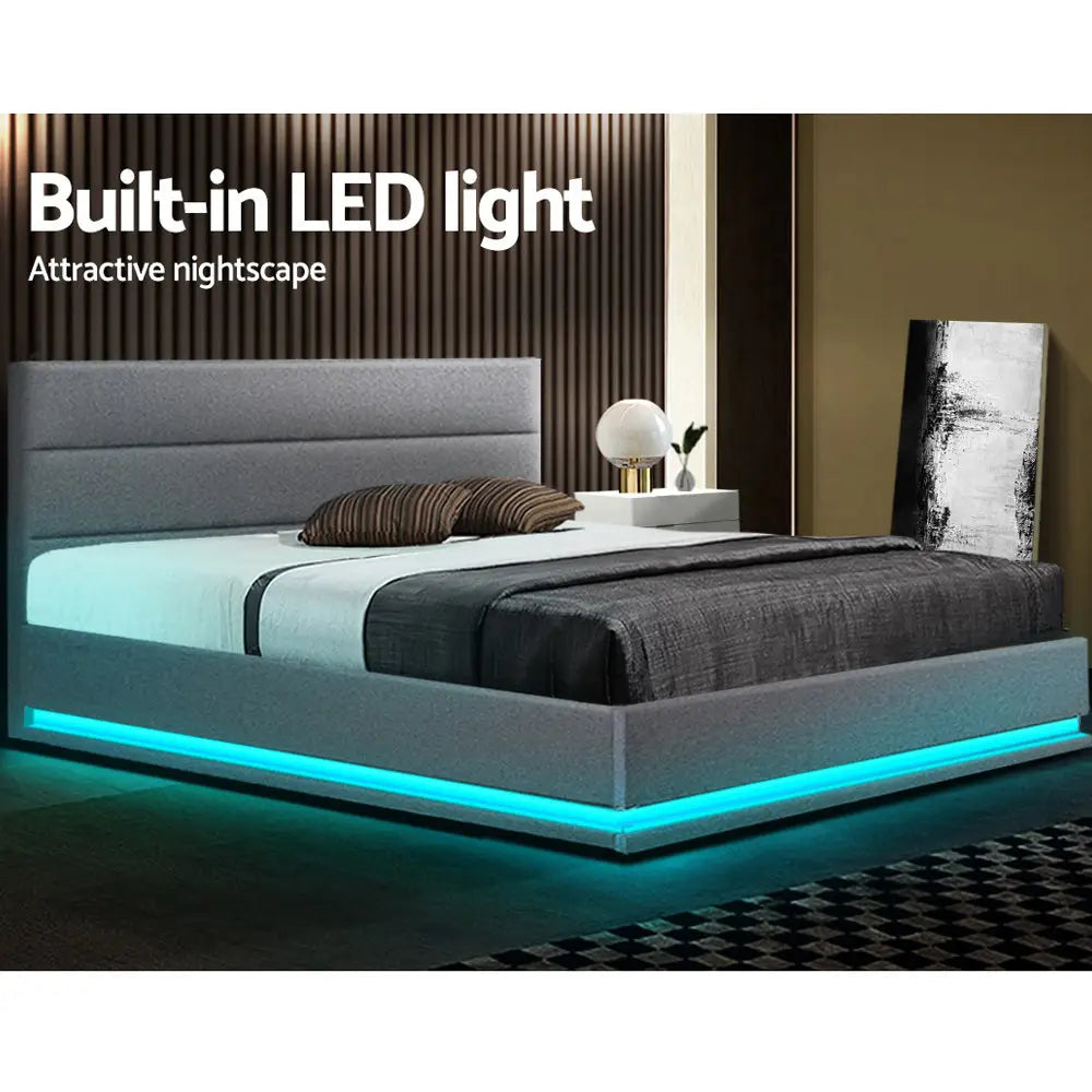 Artiss Bed Frame Queen Size LED Gas Lift Grey LUMI - Furniture > Bedroom