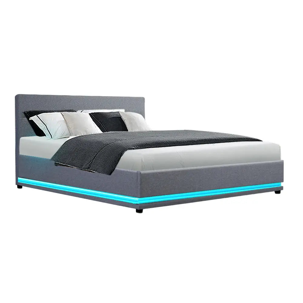 Artiss Bed Frame Queen Size LED Gas Lift Grey LUMI - Furniture > Bedroom