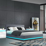 Artiss Bed Frame Queen Size LED Gas Lift Grey LUMI - Furniture > Bedroom