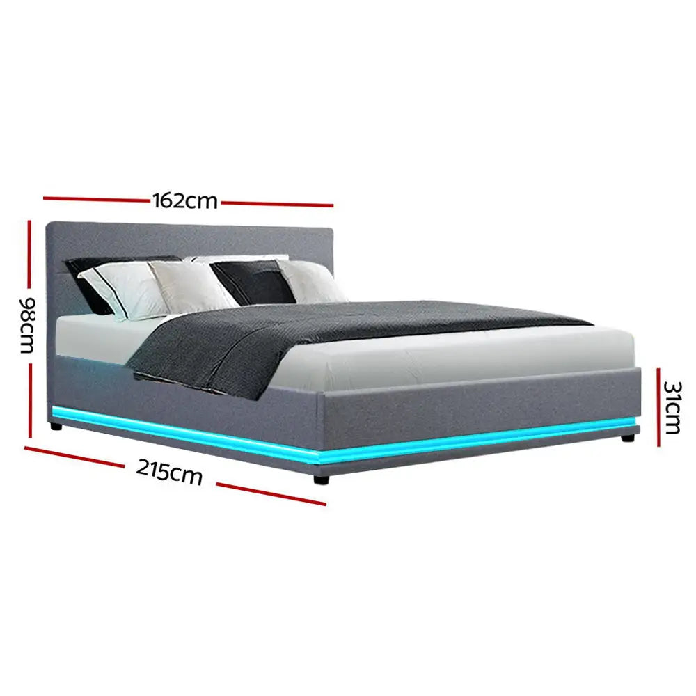 Artiss Bed Frame Queen Size LED Gas Lift Grey LUMI - Furniture > Bedroom