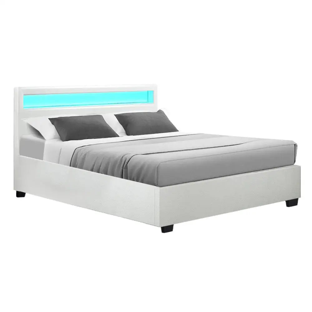 Artiss Bed Frame Queen Size LED Gas Lift White COLE - Furniture > Bedroom