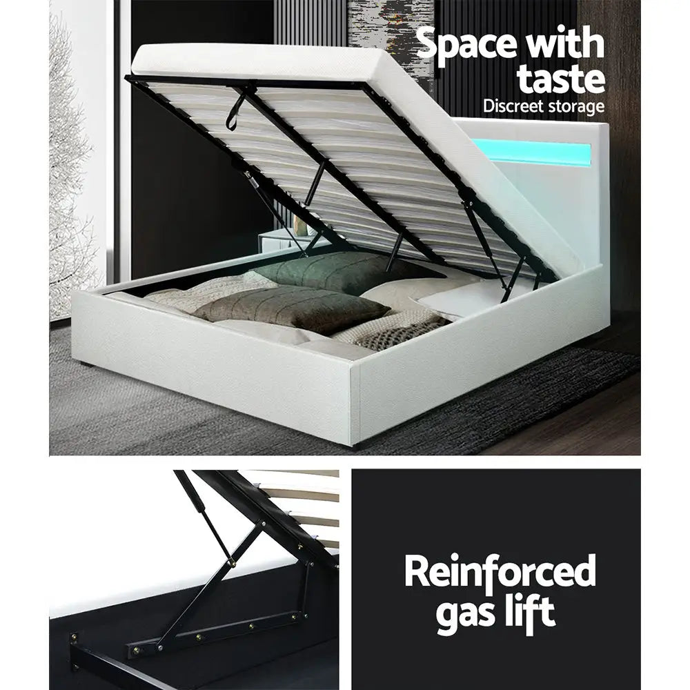 Artiss Bed Frame Queen Size LED Gas Lift White COLE - Furniture > Bedroom