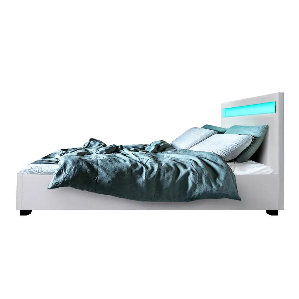 Artiss Bed Frame Queen Size LED Gas Lift White COLE - Furniture > Bedroom