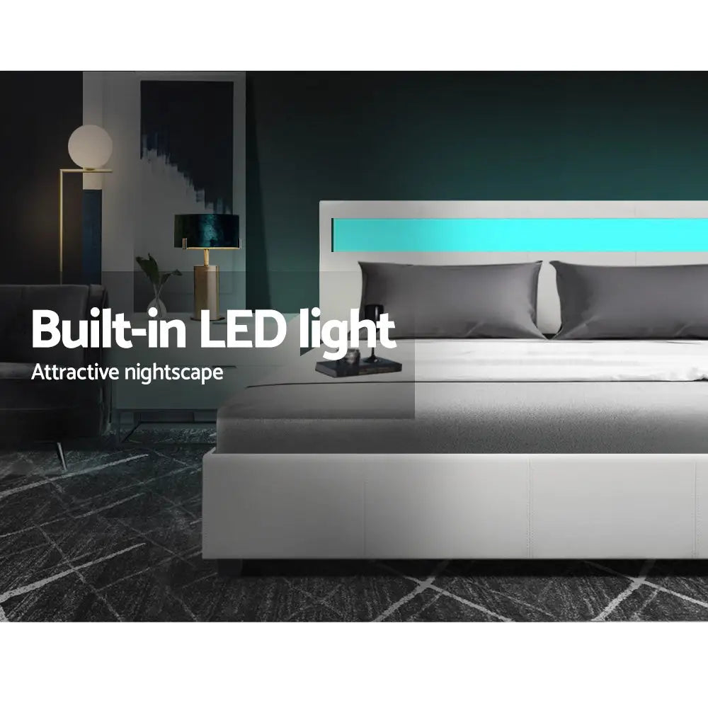 Artiss Bed Frame Queen Size LED Gas Lift White COLE - Furniture > Bedroom